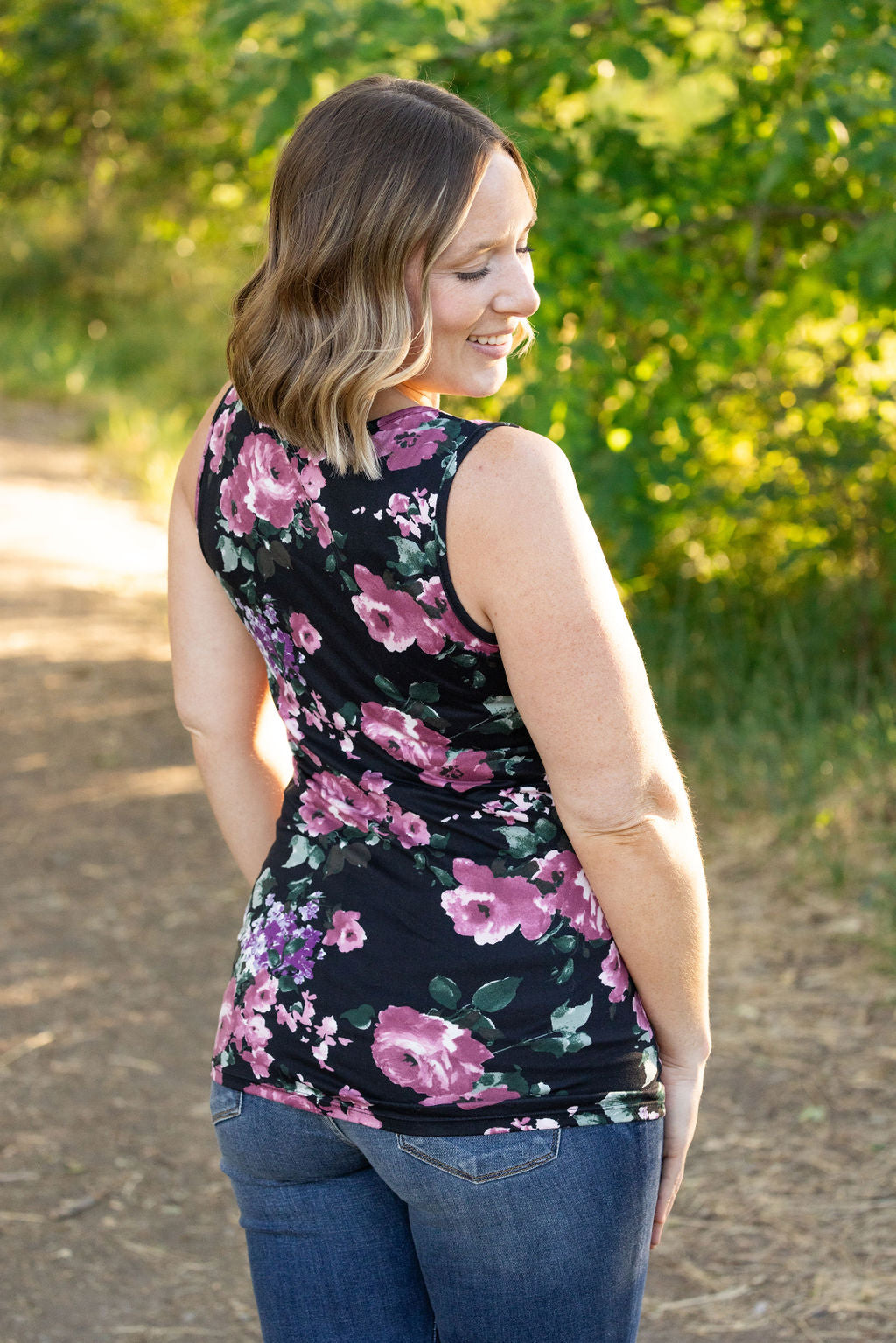 IN STOCK  Luxe Crew Tank - Black and Mauve Floral | Women's Tank Top