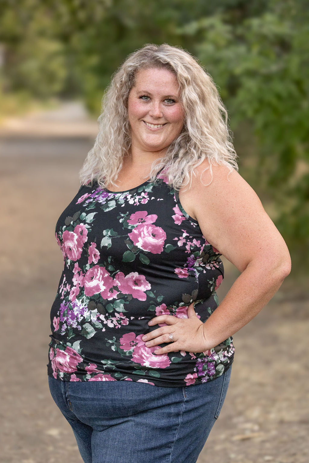 IN STOCK  Luxe Crew Tank - Black and Mauve Floral | Women's Tank Top