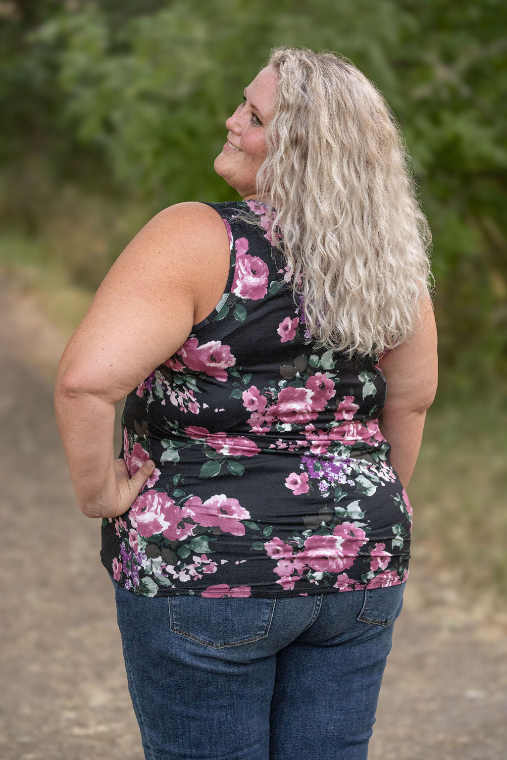 IN STOCK  Luxe Crew Tank - Black and Mauve Floral | Women's Tank Top