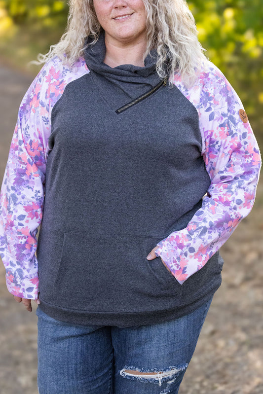 IN STOCK Zoey ZipCowl - Charcoal and Fall Floral Leaves