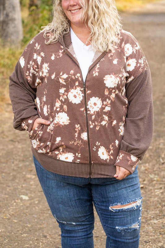 IN STOCK Ramona Ribbed Floral Zip Up - Brown