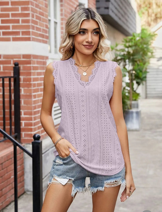 Eyelet Lace Trim Eyelash V-Neck Tank purple