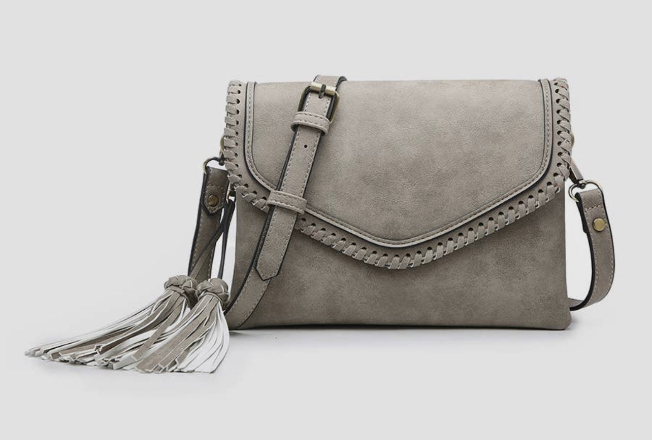 Sloane Flapover Crossbody w/ Whipstitch and Tassel