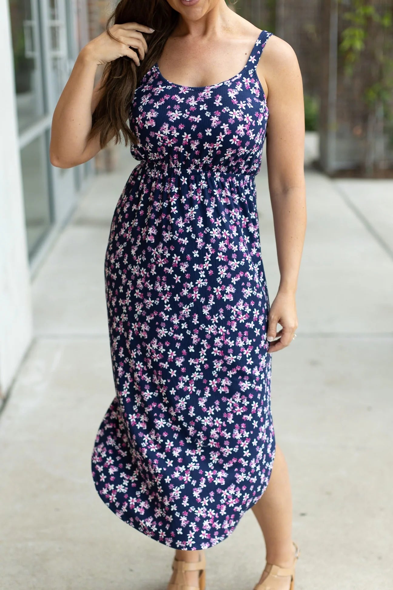 Reagan Ribbed Midi Dress - Navy and Magenta Floral