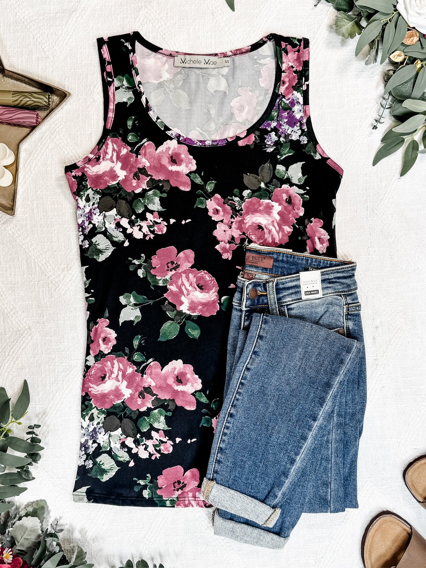 IN STOCK  Luxe Crew Tank - Black and Mauve Floral | Women's Tank Top