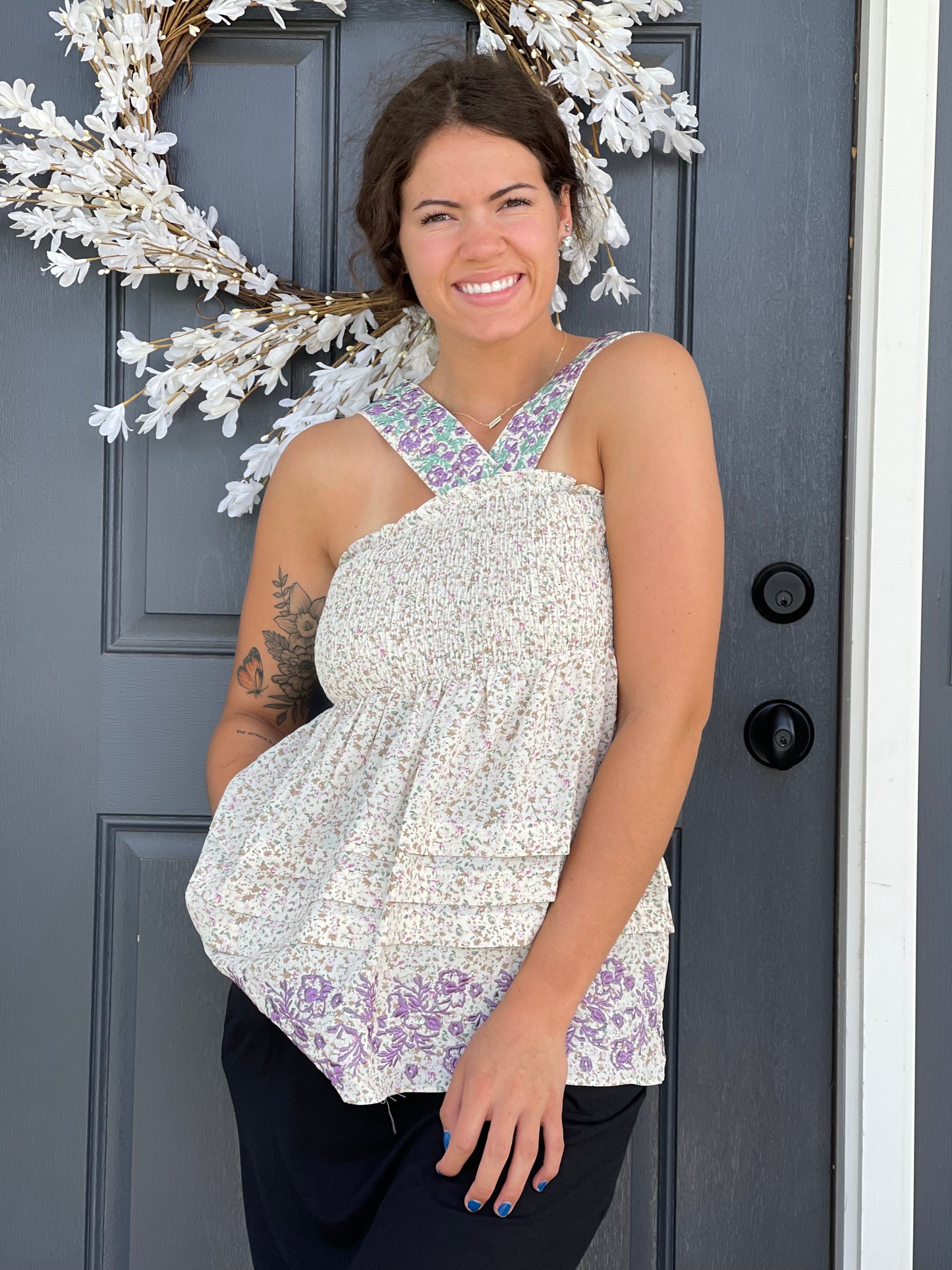 Floral Smocked Flared Top